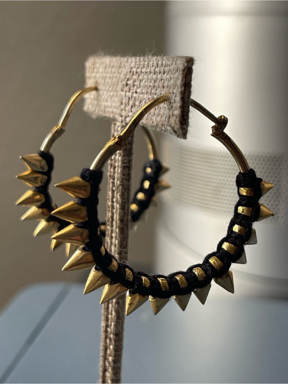 Gold Spike Hoop Earrings with Black leather Wrap - Women Jewelry - Picture 4 of 6